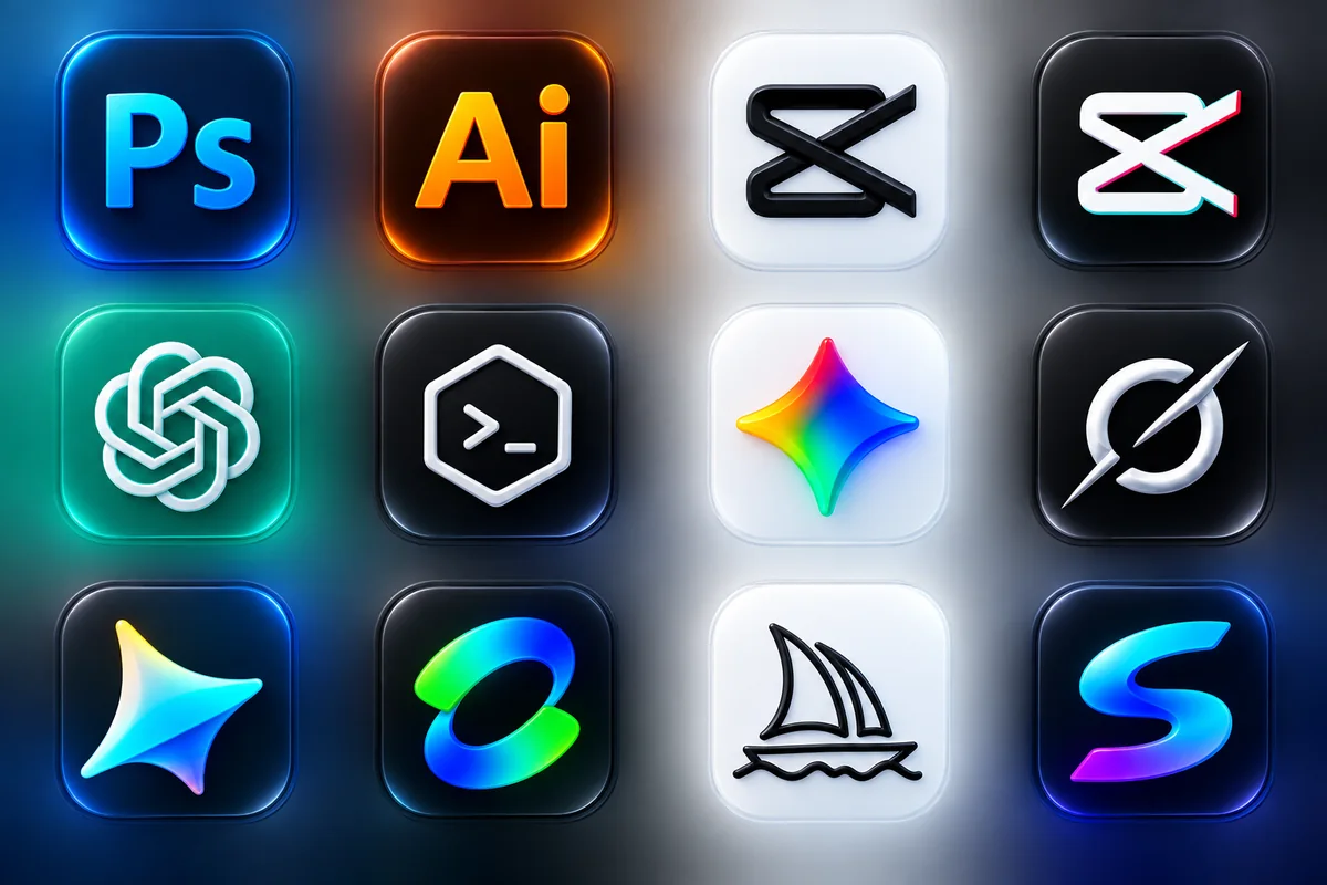 Photoshop、Illustrator、剪映、ChatGPT 与生成式 AI 创作工具图标合集